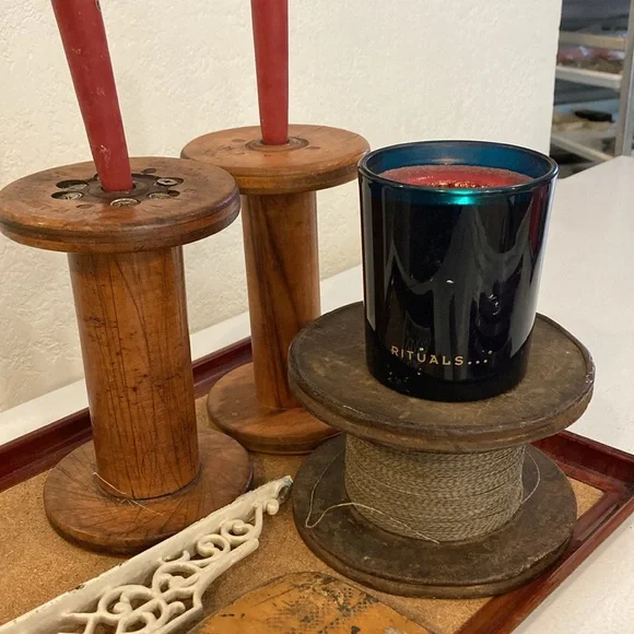 Lot/5 Architectural Wood & Metal Tools Spools & Wire Spool W/Wire & Wall Bracket
